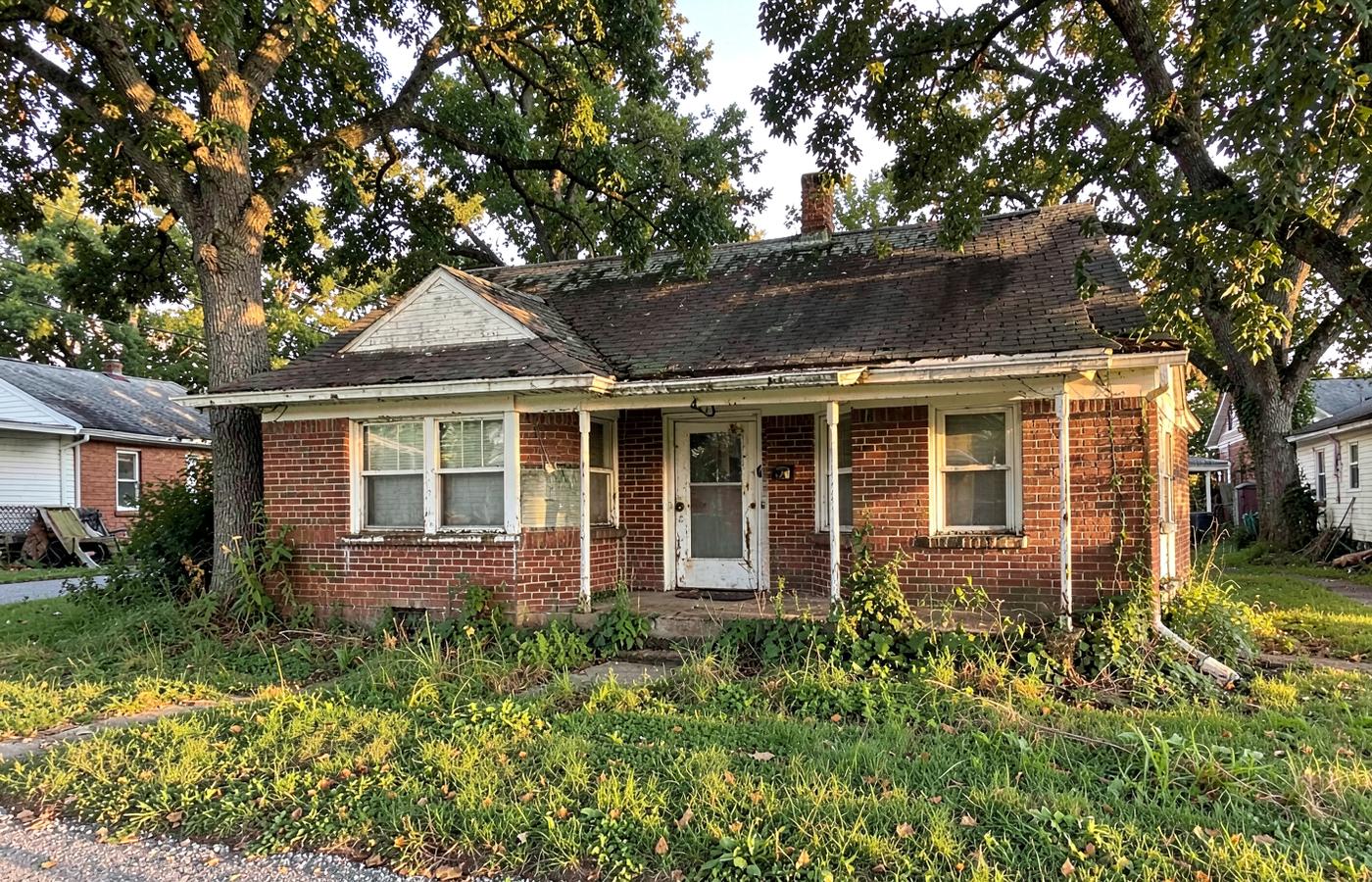Older brick ranch house in a Knoxville neighborhood needing repairs and yard work