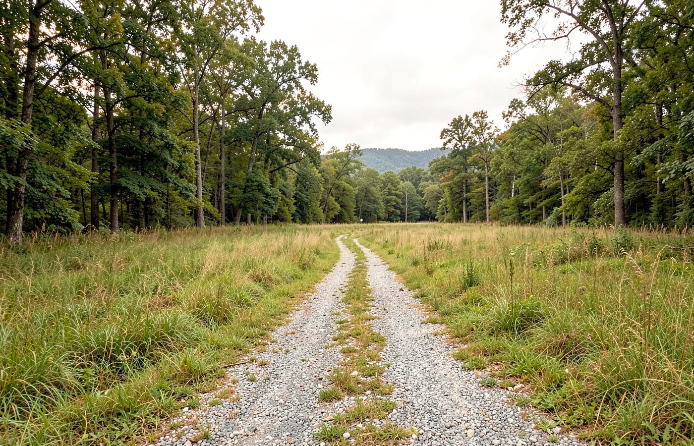 Wooded East Tennessee land parcel with a gravel access track through tall grass